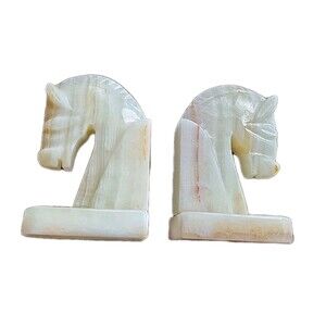 Vintage 5" Onyx Horse Head Equestrian Trojan Bookends Carved Stone Home Decor